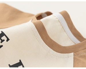 Detail of double-needle reinforced neckline on kids raglan sleeve cotton t-shirt