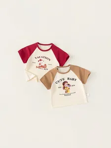 Girls Casual Cotton Raglan Sleeve T-Shirt Korean Style Cartoon Print Short Sleeve Summer Breathable Round Neck Top