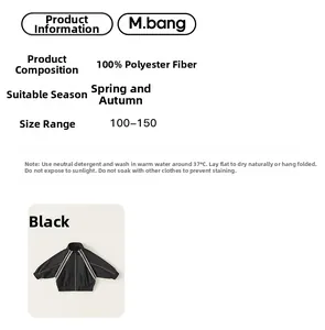 Size chart for black boys' polyester sports jacket with spring and autumn washing guide