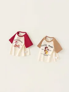 Children's raglan sleeve cotton t-shirts with cute cartoon prints and vacation theme