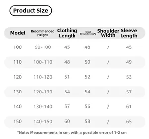Size chart for boys sports jacket showing height and length measurements for sizes 100-150