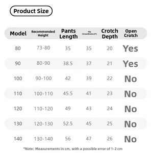 Size chart for girls thin summer trousers showing length and hip measurements for 80-140cm