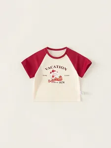 Kids raglan sleeve T-shirt with strawberry cake print in red and cream white cotton