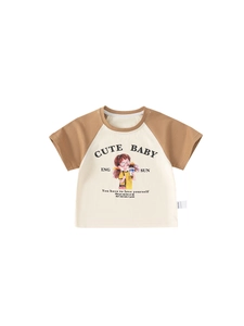 Kids short sleeve raglan t-shirt featuring cute cartoon girl print in beige and brown