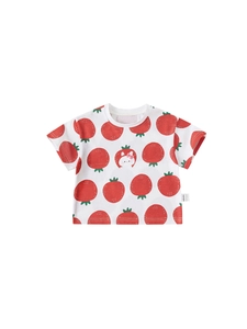 T-shirt bianca in cotone per neonata con stampe di fragole e coniglietto per l'estate