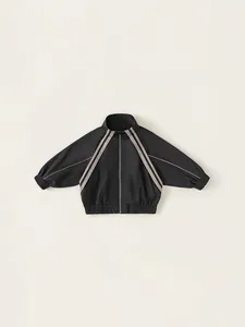 Boys Sporty Jacket Stand Collar Polyester Zipper Coat With Contrast Stripes For Kids Casual Autumn Outerwear