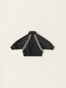 Boys black sports jacket with beige V-shaped stripes and elastic cuffs for casual wear