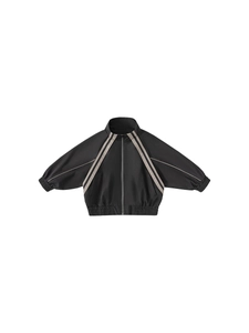 Classic black stand-collar boys sports jacket with contrast stripes on sleeves