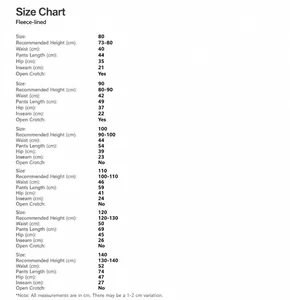 Size chart for boys fleece casual pants showing height, waist, and length measurements