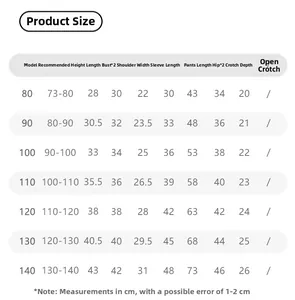 Detailed size chart for girls clothing set including height, length, and bust measurements
