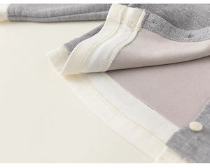 Close-up of grey knit cardigan detail with white ribbed trim and a round button