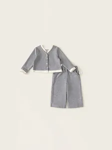 Girls Knitted Outfit Contrast Trim V-Neck Cardigan Wide Leg Pants Two Items Casual Soft Long Sleeve Clothes For Children