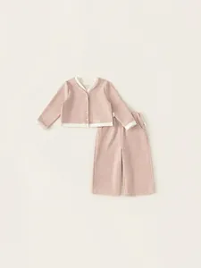 Girls contrast knit cardigan and wide leg pants set in dusty pink with wood buttons