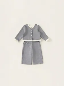 Toddler girl two-piece knit set with grey cardigan and wide-leg pants in cotton