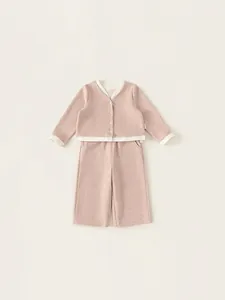 Girl's stylish two-piece loungewear set with V-neck cardigan and wide-leg pants