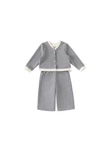 Girls grey two-piece cardigan and wide-leg trousers set with cream trim and buttons