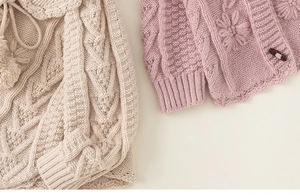 Detail of chunky knit cardigans with horn buttons and 3D floral embroidery textures