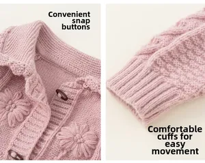 Detail of pink knit cardigan with wood toggles, daisy embroidery, and ribbed cuffs