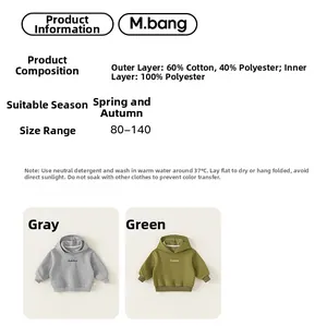 Detaillierte Größen- und Materialtabelle für Kinder Kapuzenpullover in Grau und Grün