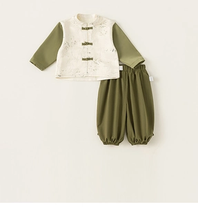 Detail of child Chinese style set with bamboo pattern embroidery and knotted buttons
