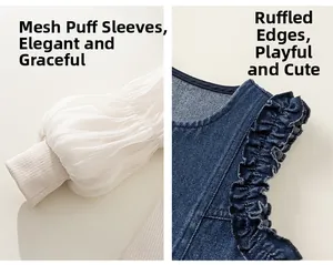 Détail de manches bouffantes en tulle et dentelle à volants sur gilet en jean