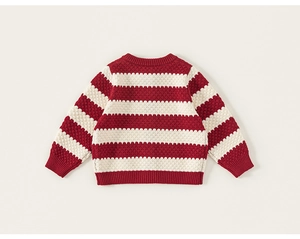 Close-up of red and white striped knit cardigan with textured bubble stitch details