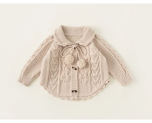 Detail of baby knit cardigan with floral embroidery, Peter Pan collar and cable texture
