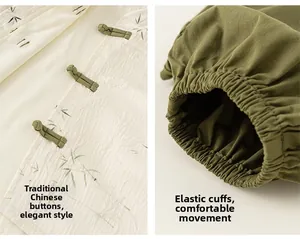 Detail of traditional Chinese knot buttons and bamboo jacquard fabric on boy's suit