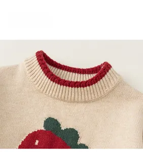Detailed close-up of ribbed crewneck and embroidered strawberry pattern on knit sweater