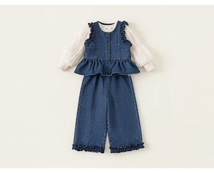 Détails d'un ensemble 3 pièces en jean pour fille avec gilet à volants et pantalon