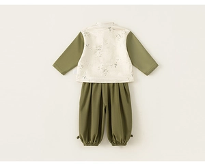 Detailed texture of cotton linen boys' Chinese style suit with green bamboo leaf prints