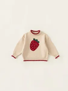 Girls Cute Strawberry Knit Sweater Long Sleeve Pullover Soft Acrylic Contrast Wave Edge Knitwear Top For Kids Toddlers