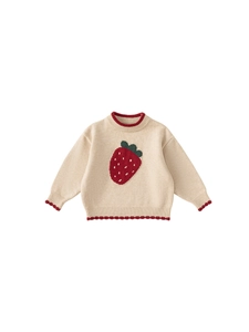 Beige knit sweater for girls with red strawberry patterns and wavy ribbed trims