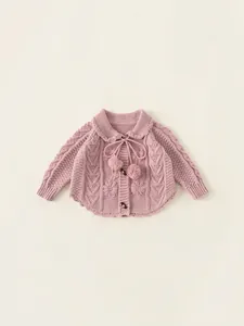 Girls light purple knitted cardigan with floral patterns and plush pom-poms details