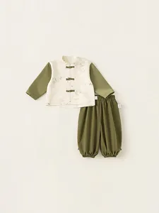 Boys New Chinese Style Tang Suit Bamboo Print Frog Button Hanfu Long Sleeve Top And Pants Autumn Outfit