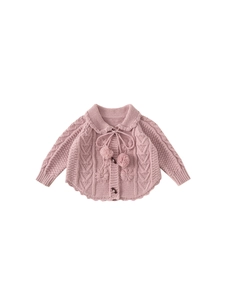 Pink knit cardigan for girls with floral embroidery and cute pom-poms on the collar
