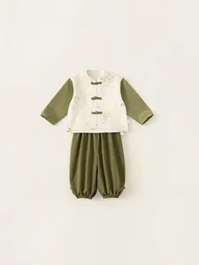 Kids Chinese style two-piece outfit with bamboo pattern and traditional knot buttons
