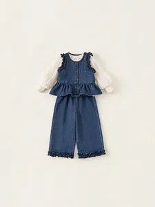 Ensemble de Vêtements en Denim pour Filles Gilet à Volants Pantalon Large Et Haut à Manches Bouffantes Décontracté