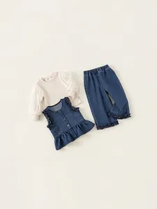 Ensemble 3 pièces denim fille avec gilet à volants, haut bouffant et pantalon large