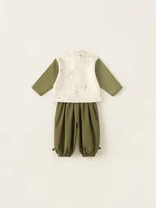 Traditional Chinese style boys clothing set with bamboo jacquard top and green trousers