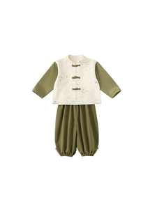 New Chinese style boys two-piece suit with bamboo print and olive green lantern pants