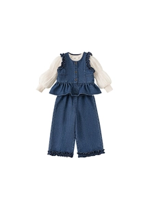 Ensemble en jean 3 pièces pour filles avec gilet à volants, haut crème et jeans