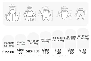 Size chart for girls Chinese New Year clothing including coats dresses and jumpsuits