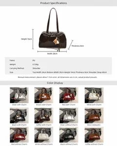 Detailed size chart and multi-color selection for retro PU leather shoulder pillow bag