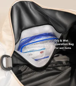 Detail view of corduroy tote bag interior featuring waterproof dry and wet separation pocket
