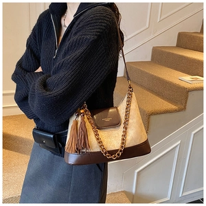 Détail du sac seau en daim beige avec chaîne dorée et pompon à franges marron