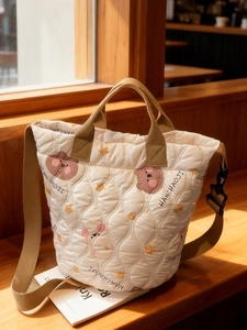 Quilted cotton tote bag with cute cartoon bear pattern and adjustable shoulder strap