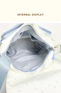 Spacious interior of blue star pattern tote bag with functional pockets and lining