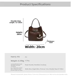 Brown PU leather bucket bag with dimensions 20x20x12cm and weight 0.39kg detail info