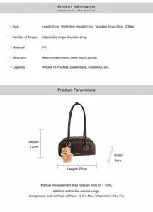 Detailed dimensions of brown PU underarm bag with teddy charm 27x9x12cm size specs
